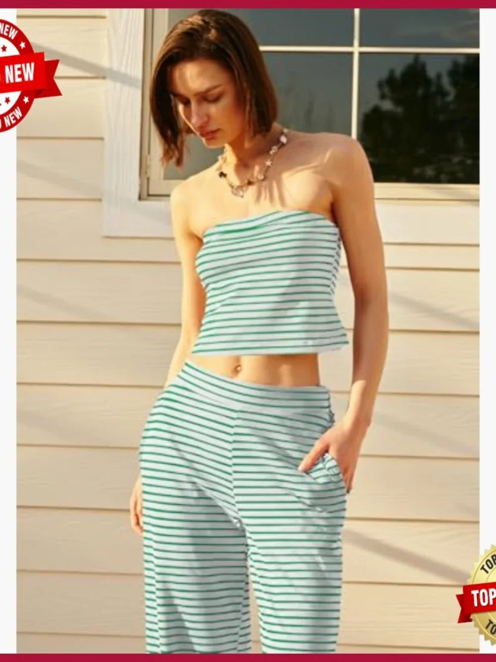 Striped Two Piece Set Tube Top and Wide Leg Pants Lounge Outfit